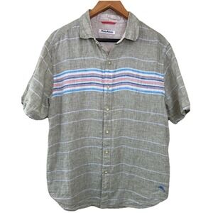 Tommy Bahama Linen Shirt Mens Medium Green Multi Stripe Short‎ Sleeve Button Up